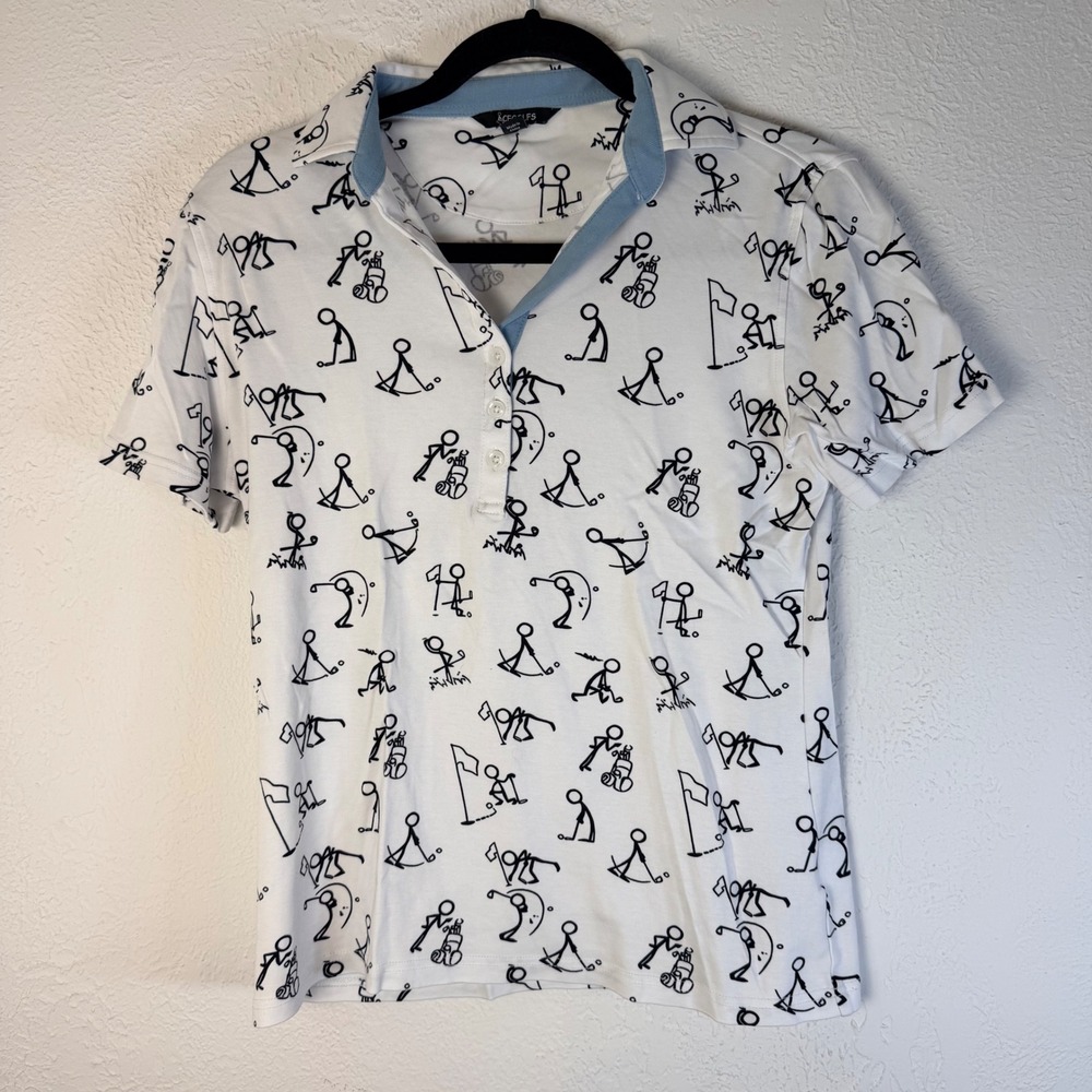 Acegolfs Womens L White Stick Figure Golf Print 100% Cotton Polo Shirt Quirky